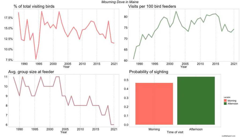 The figure shows the development in the number of Mourning Doves visiting bird feeders in Maine backyards from 1988 to 2020. 