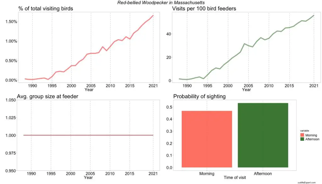  The figure shows the development in the number of Red-bellied Woodpeckers visiting bird feeders in Massachusetts  backyards from 1988 to 2020. 