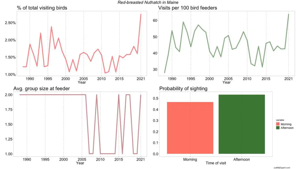  The figure shows the development in the number of Red-breasted Nuthatches visiting bird feeders in Maine backyards from 1988 to 2020. 