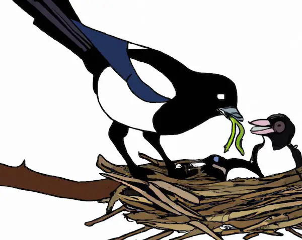 Baby nestling magpies fed by their mother. 