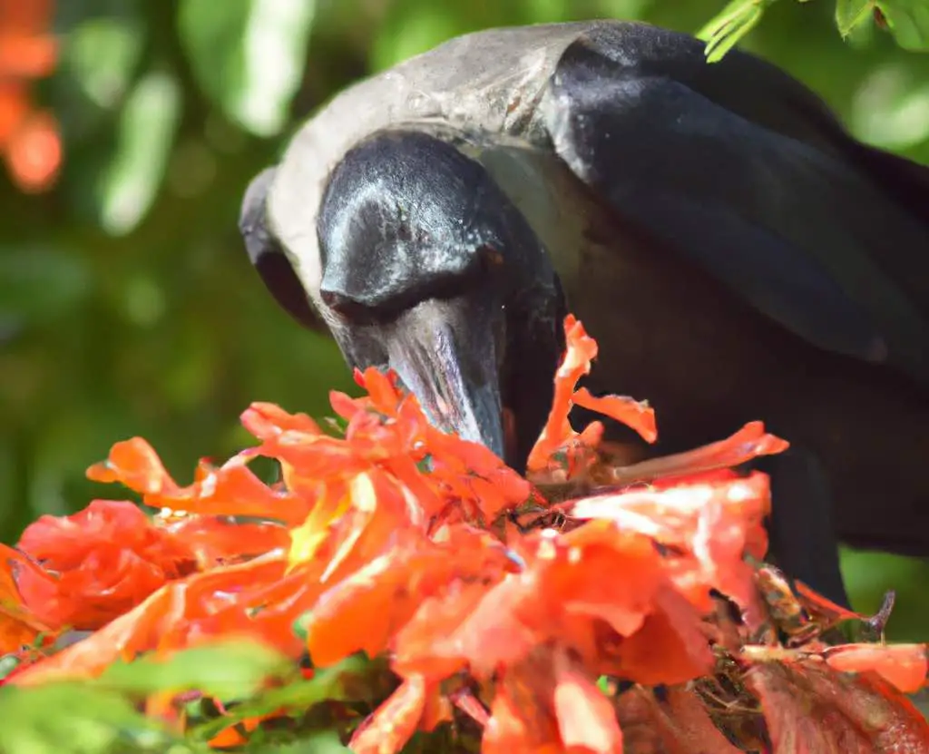 crow eating flowers in a tree