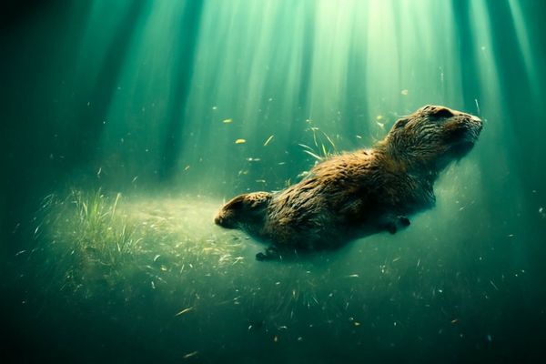 a groundhog or groundhog diving underwater