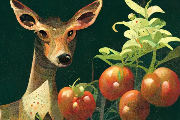 Deer looking at ripe tomatoes.