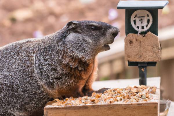 groundhog eating at bird feeder